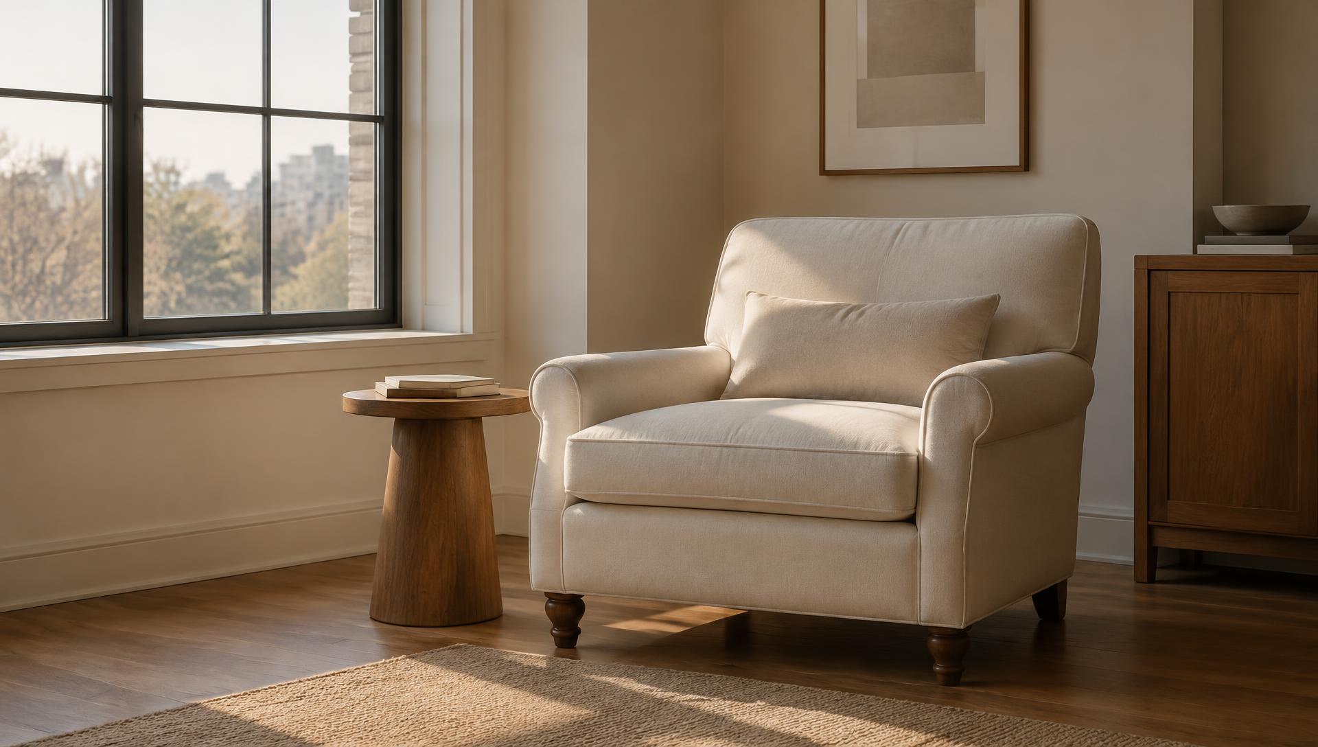 A single cream armchair beside a window in soft morning light