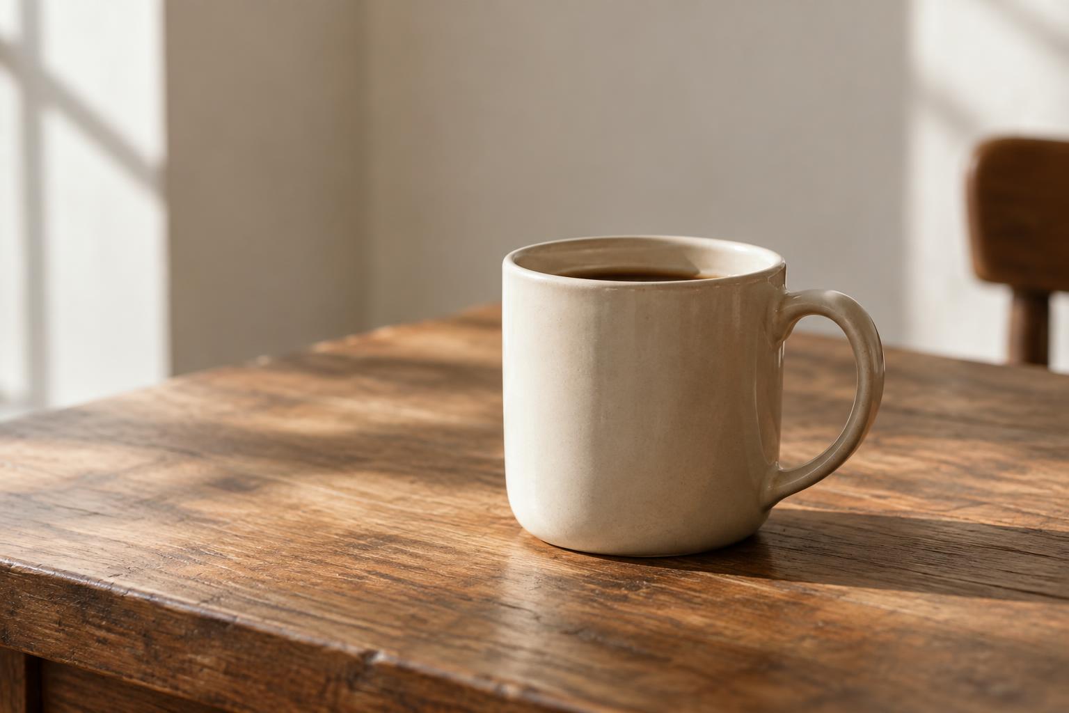 A ceramic mug resting on a wooden table