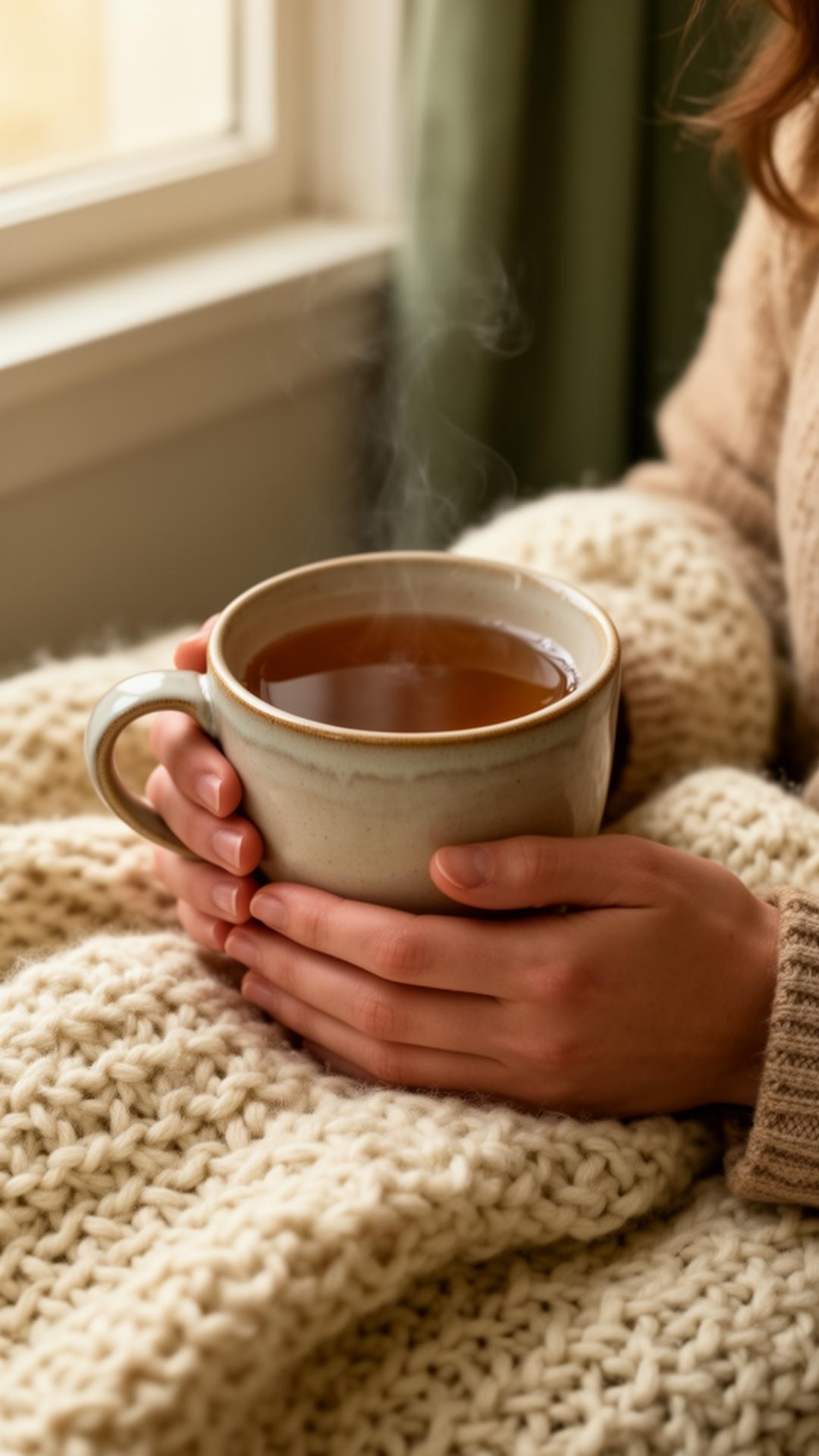 Hands cradling a warm ceramic mug of tea on a cream knit blanket
