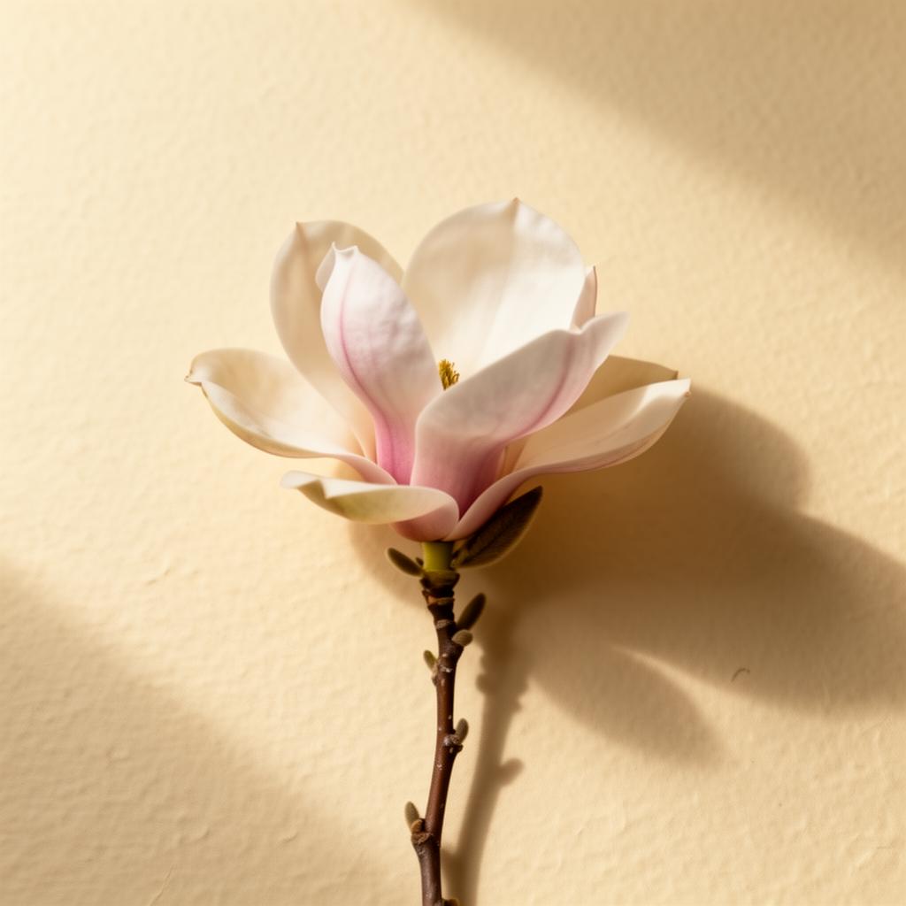 A single magnolia bloom resting against a soft cream paper backdrop